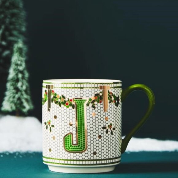 Anthropologie Festive Bistro Tile Stoneware Monogram Mug Letter J Paris Cafe New - Picture 6 of 6